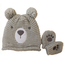 Los niños del bebé niños de punto oso bordado guantes de impresión Mitten Warm Beanie Hat (HW634S)